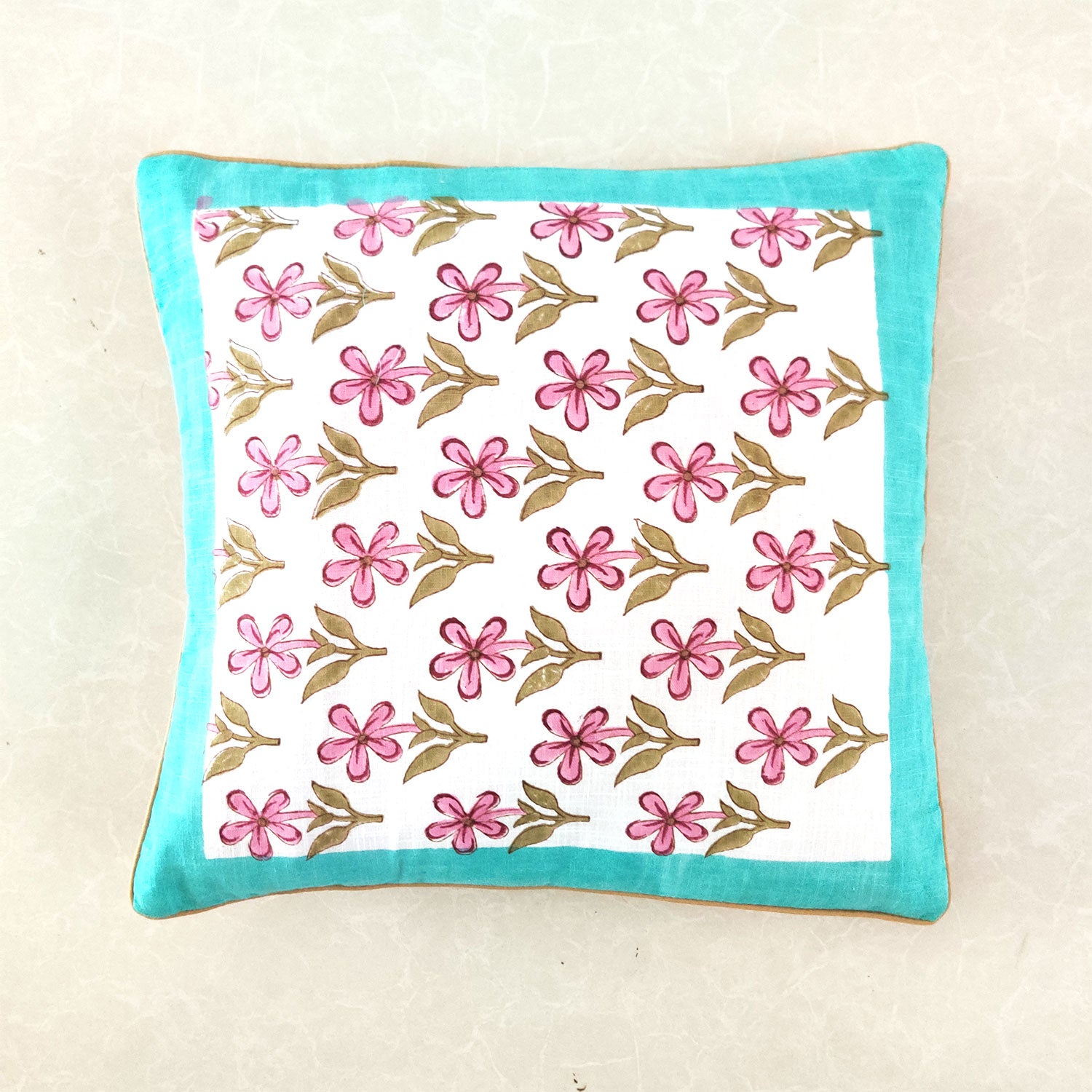 Pink Floral & White Block Printed 100% Cotton Slub Cushion Cover - 16 x 16 inches