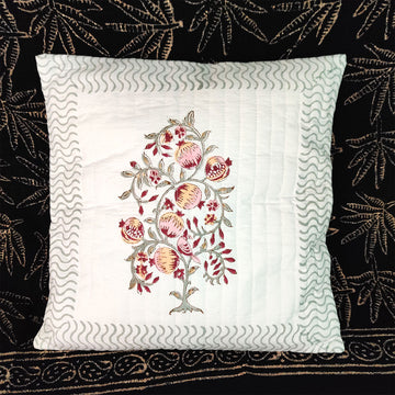 Florals Red & White Block Printed Canvas Quilted 100% Cotton Cushion Cover - 16 x 16 inches