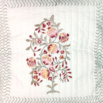 Florals Red & White Block Printed Canvas Quilted 100% Cotton Cushion Cover - 16 x 16 inches