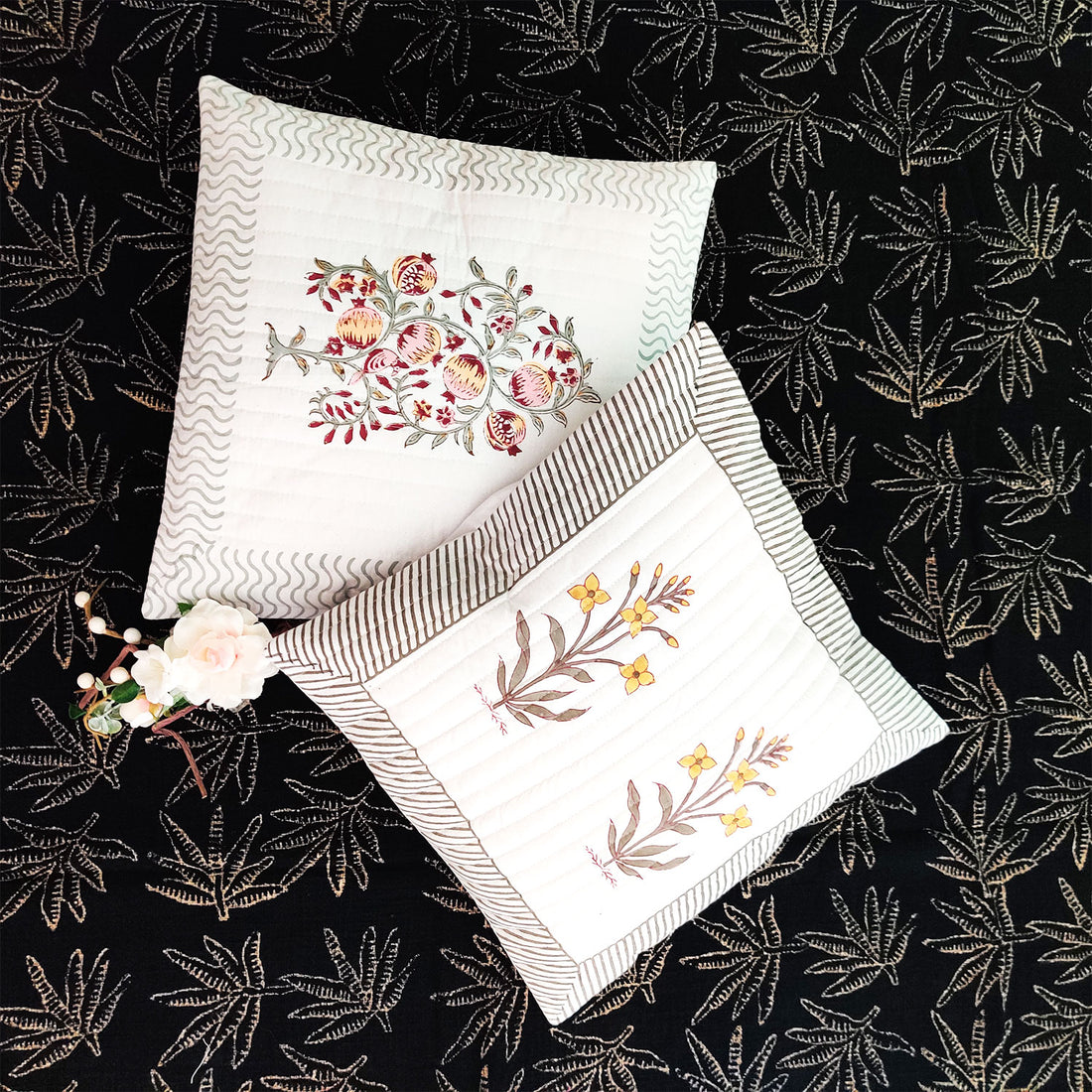 Florals Block Printed Canvas Quilted 100% Cotton Cushion Cover - 16 x 16 inches (Pack of 2)