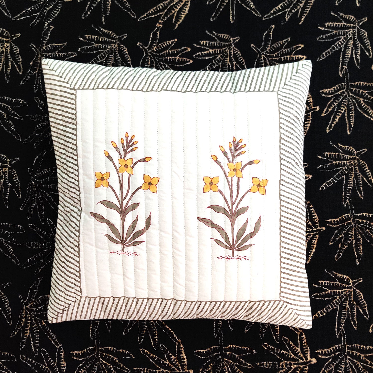 Florals Brown & White Block Printed Canvas Quilted 100% Cotton Cushion Cover - 16 x 16 inches