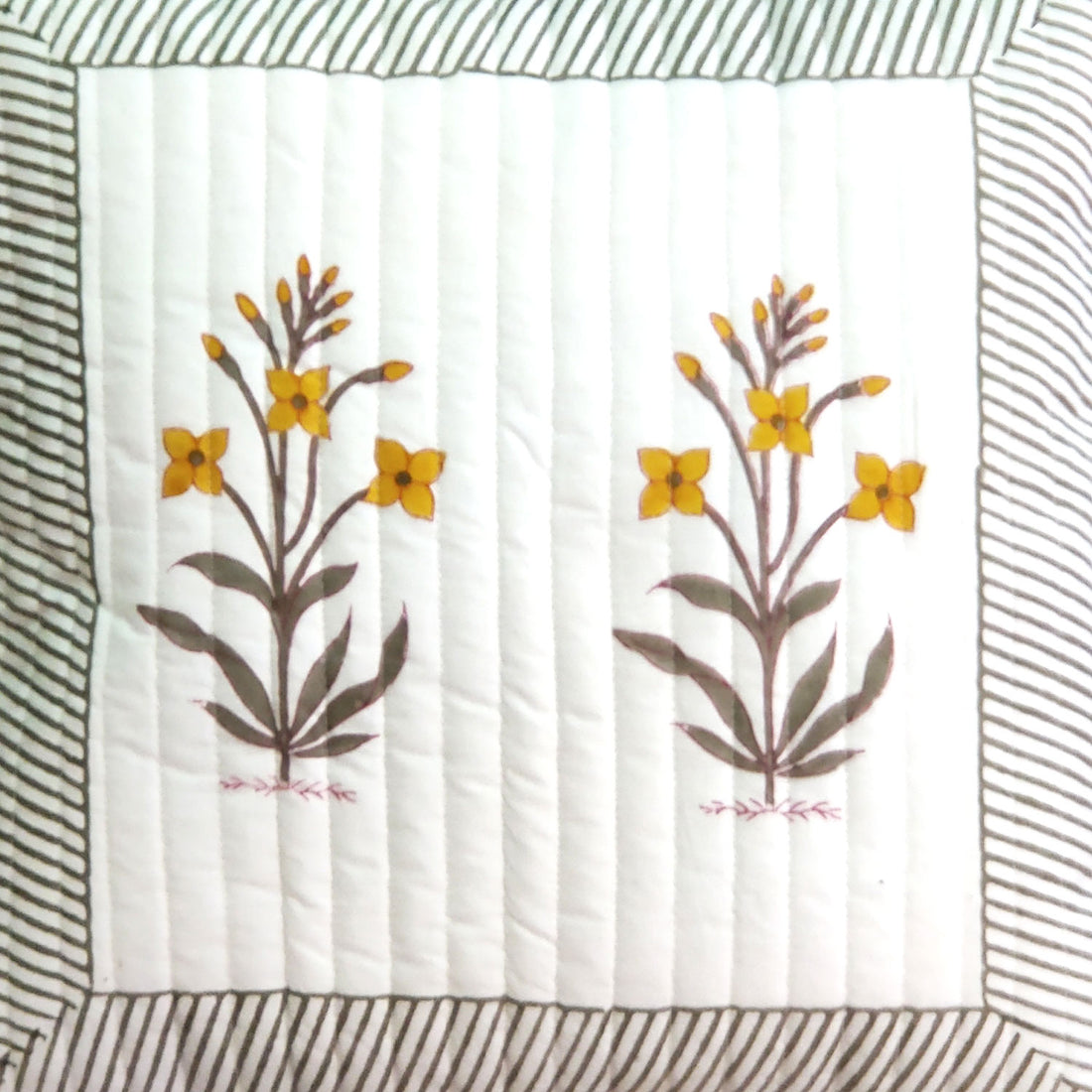 Florals Brown & White Block Printed Canvas Quilted 100% Cotton Cushion Cover - 16 x 16 inches