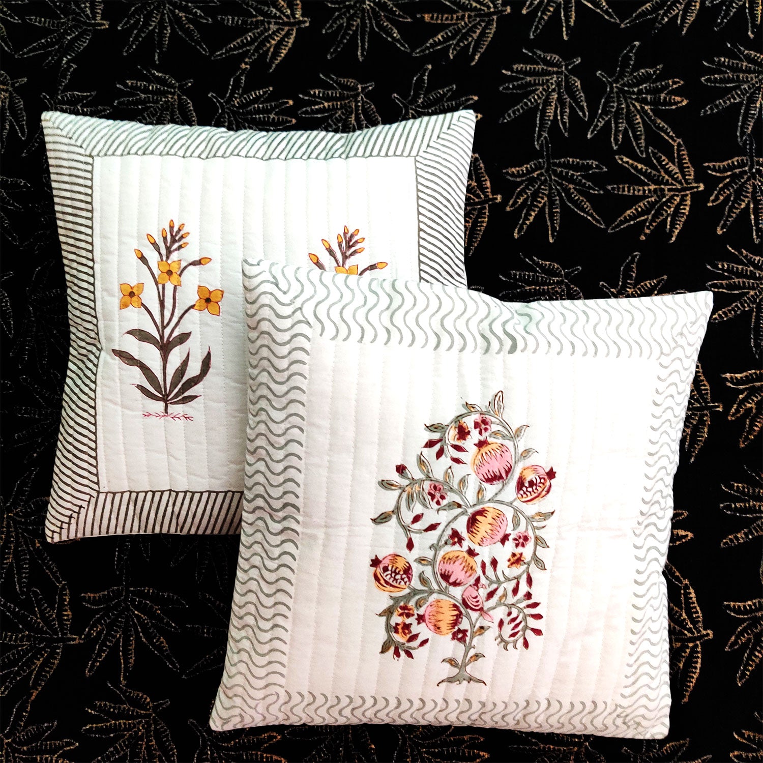 Florals Block Printed Canvas Quilted 100% Cotton Cushion Cover - 16 x 16 inches (Pack of 2)