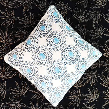 Blue & White Block Printed 100% Cotton Slub Cushion Cover - 16 x 16 inches