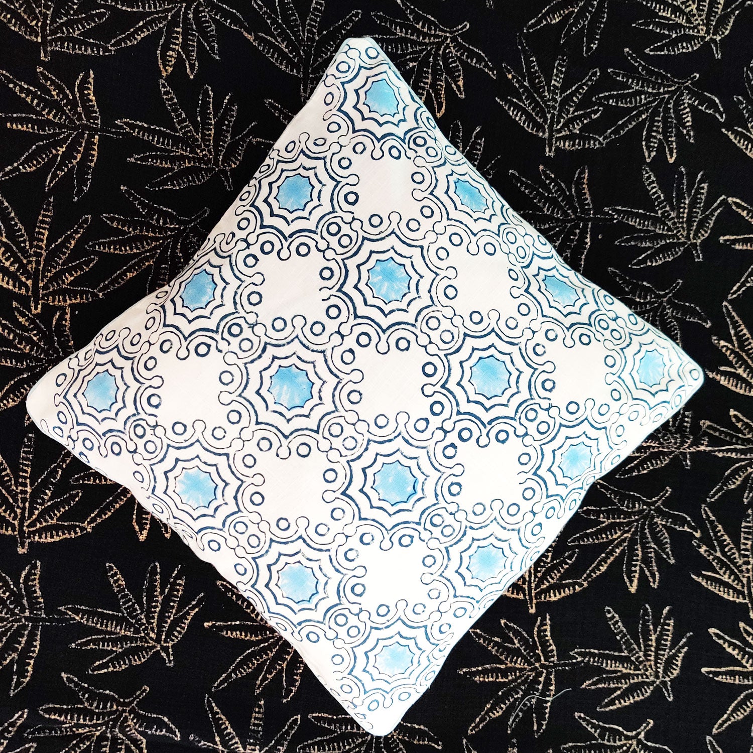 Blue & White Block Printed 100% Cotton Slub Cushion Cover - 16 x 16 inches
