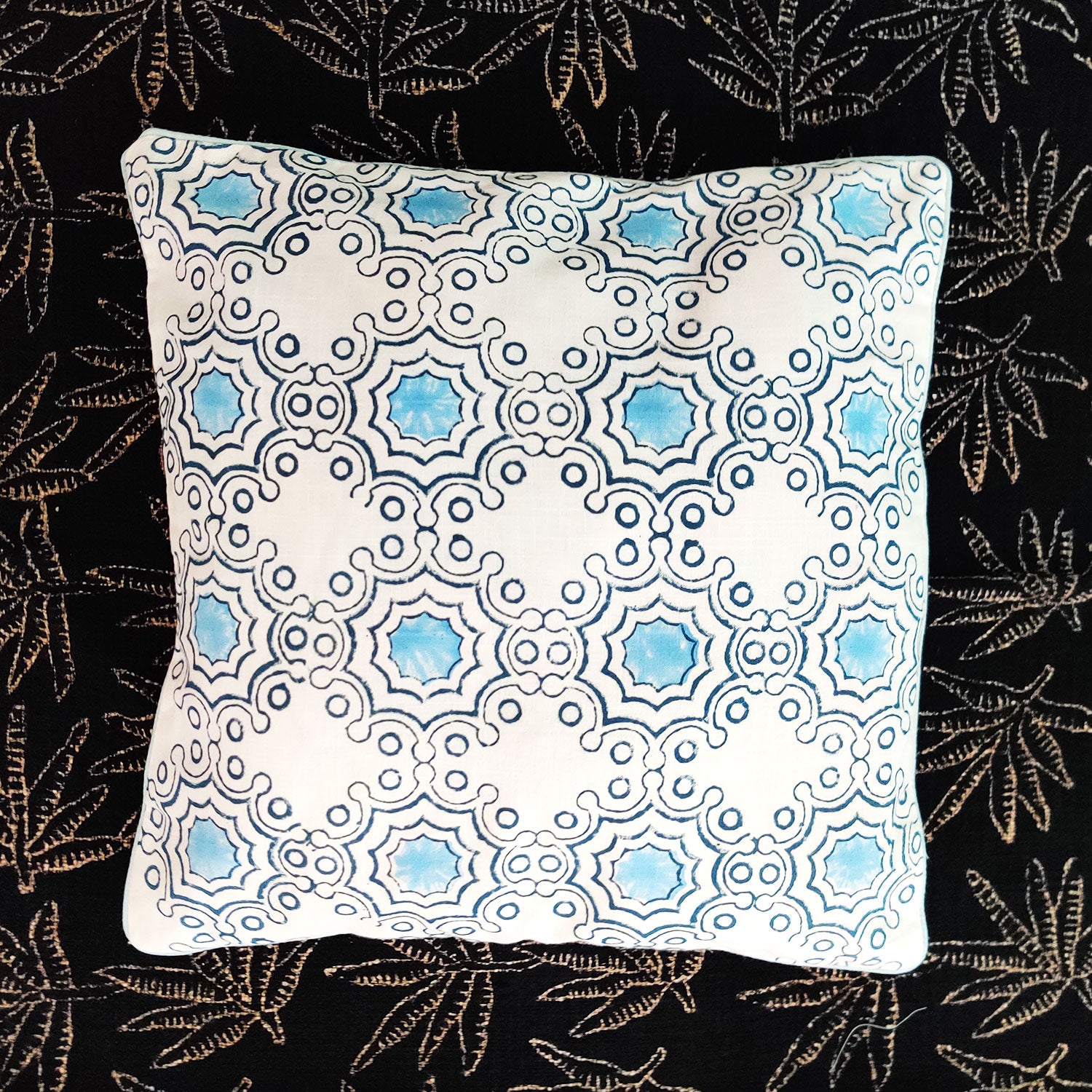 Blue & White Block Printed 100% Cotton Slub Cushion Cover - 16 x 16 inches