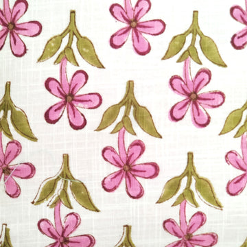 Pink Floral & White Block Printed 100% Cotton Slub Cushion Cover - 16 x 16 inches