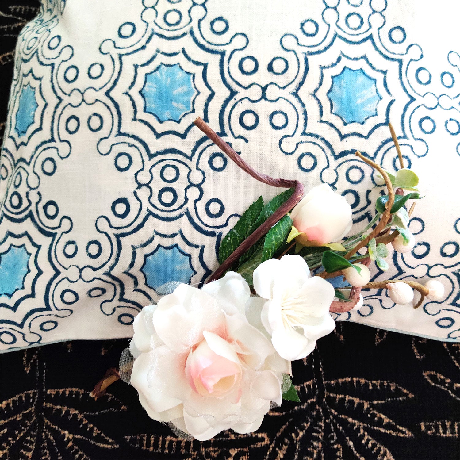 Blue & White Block Printed 100% Cotton Slub Cushion Cover - 16 x 16 inches