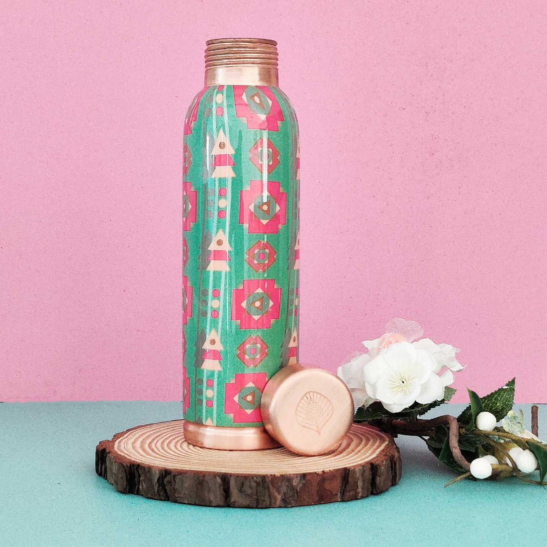 Nature Green & Pink 100% Pure Copper Bottle - 1000 ml