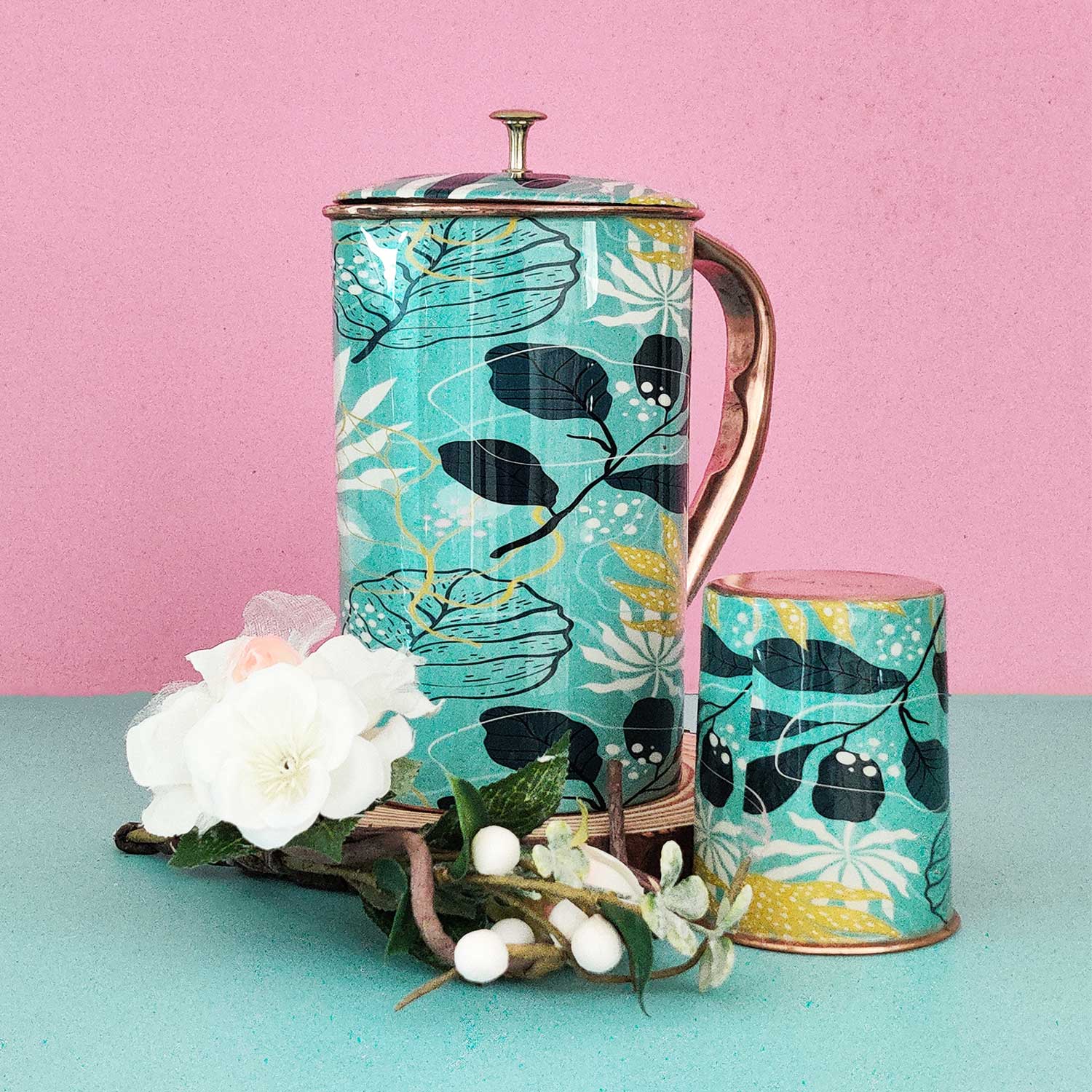 Blue Leaves 100% Pure Copper Jug With Glass