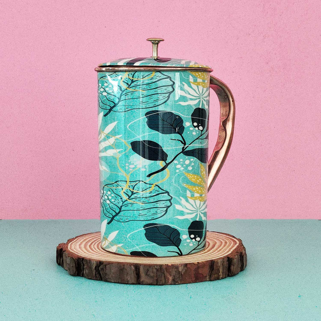 Blue Leaves 100% Pure Copper Jug With Glass