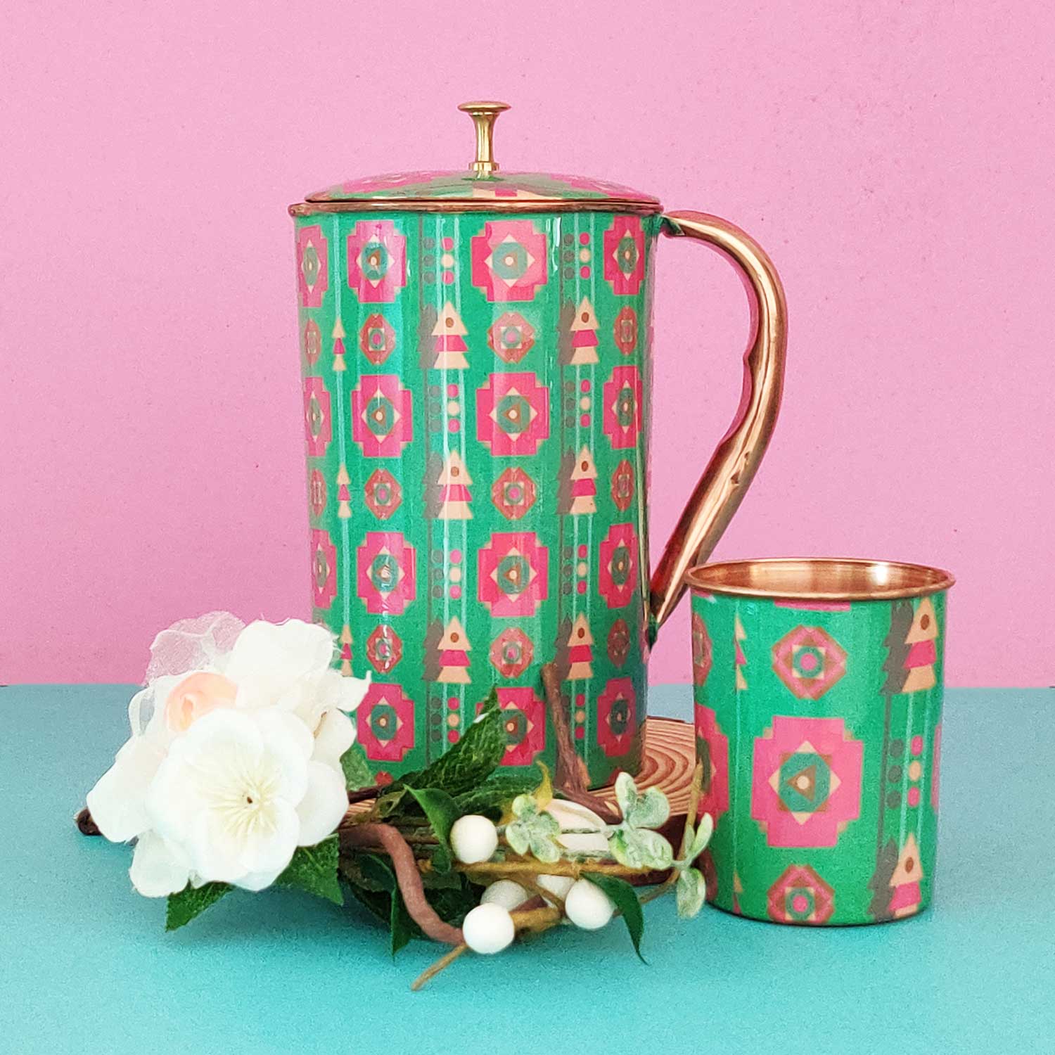 Sweet Nature Green & pink 100% Pure Copper Jug With Glass