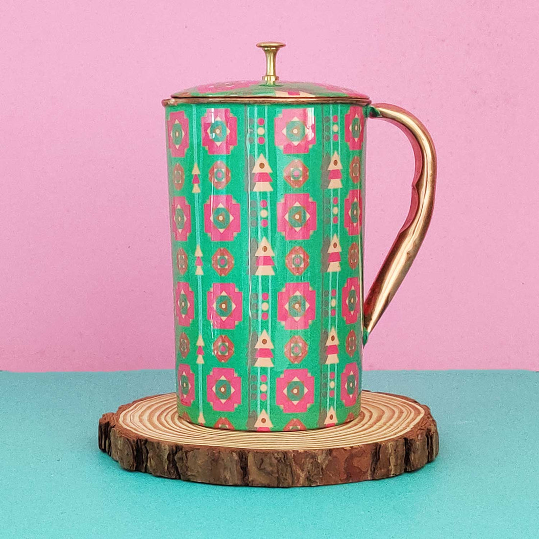 Sweet Nature Green & pink 100% Pure Copper Jug With Glass