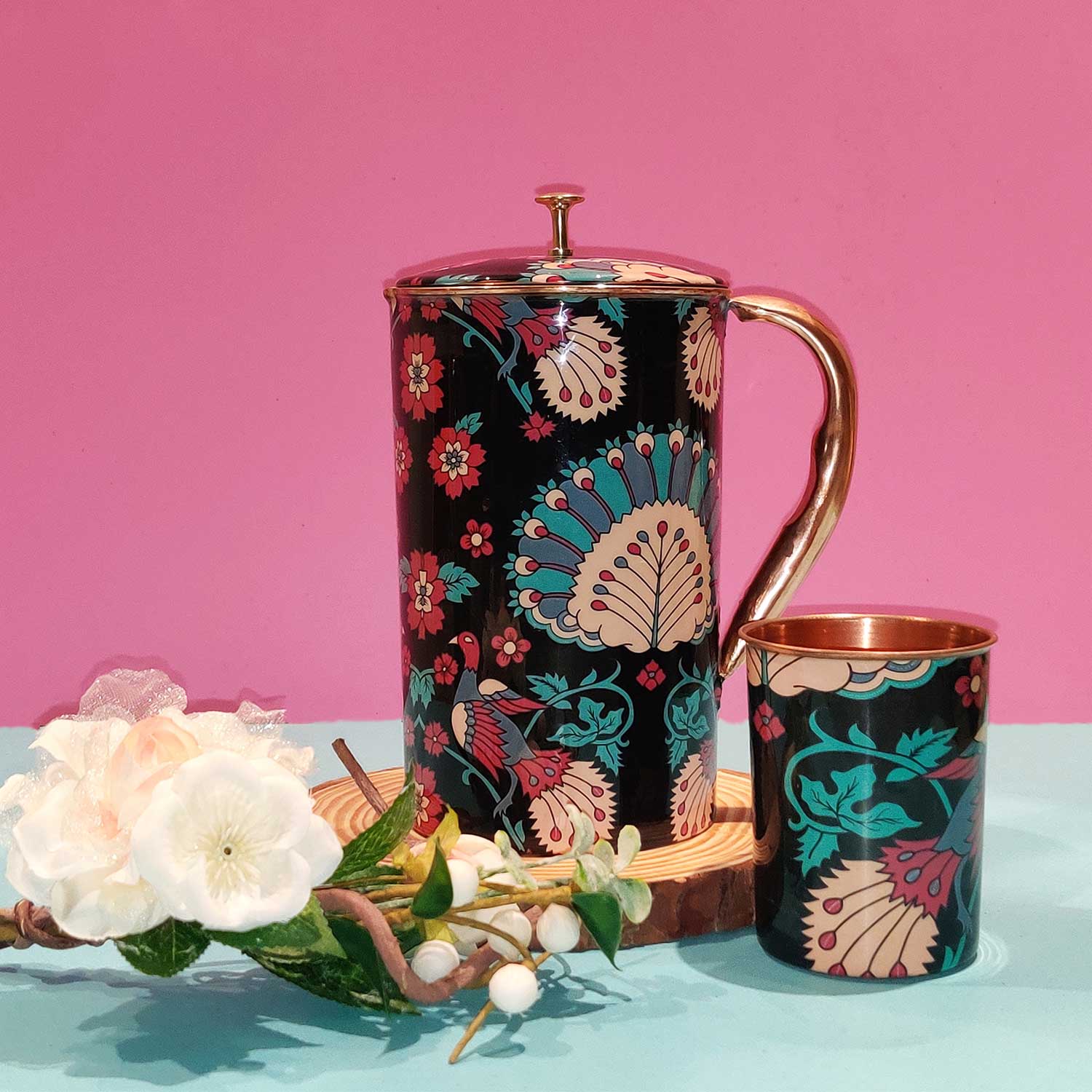 Black Peacock 100% Pure Copper Jug with Glass - 1500 ml