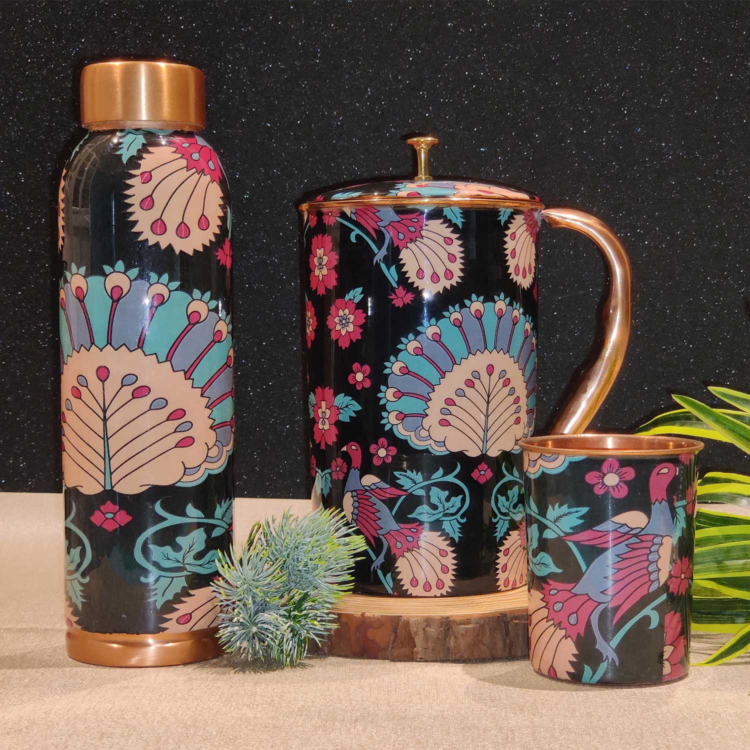 Black Peacock Multicolor 100% Pure Copper Bottle, Jug & Glass Set