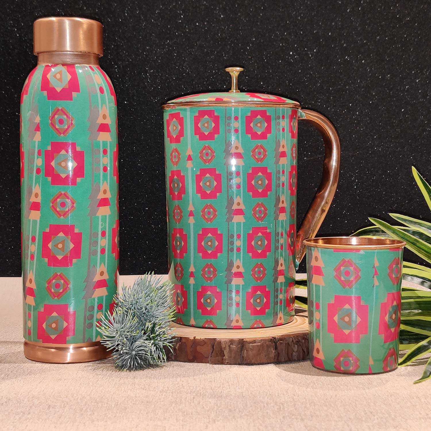 Nature Green & pink 100% Pure Copper Bottle, Jug & Glass Set