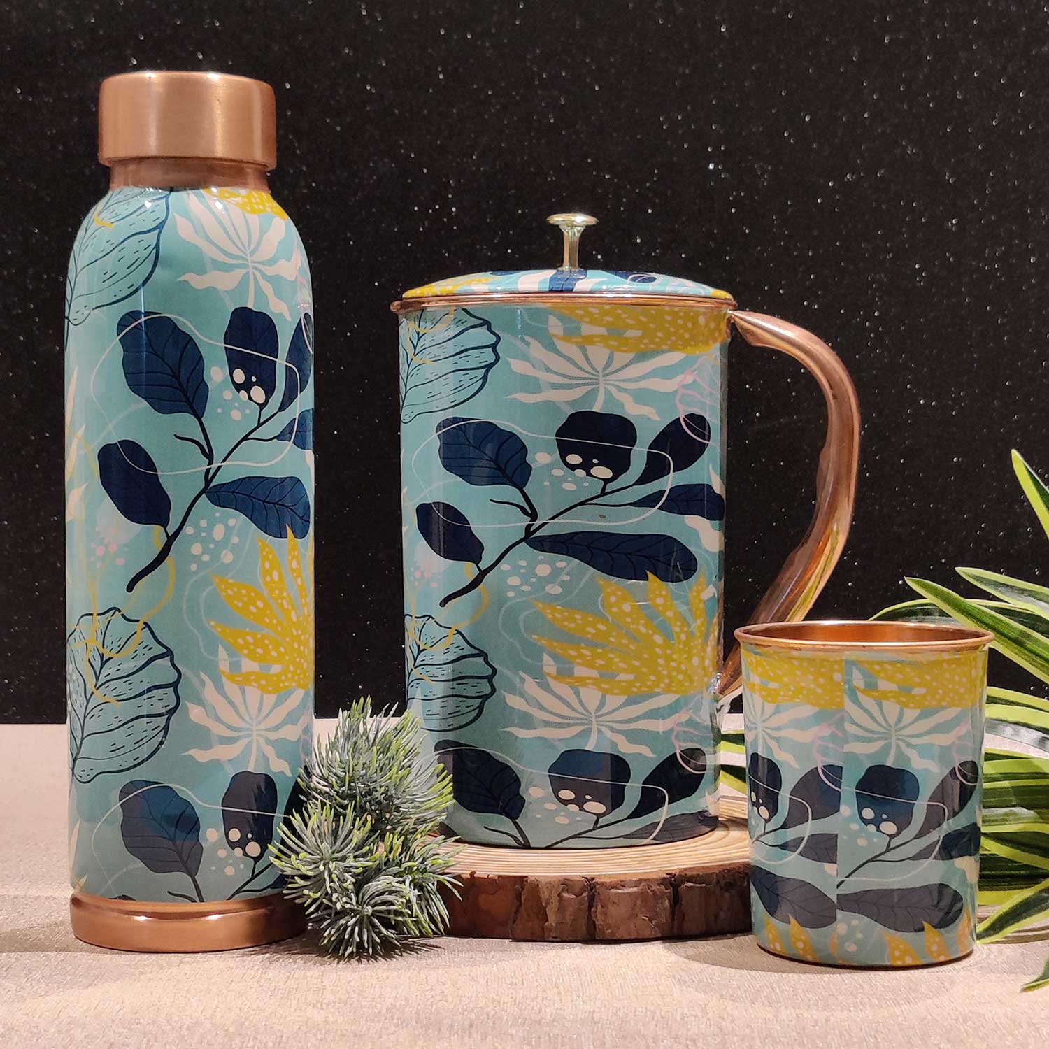 Blue Leaves 100% Pure Copper Bottle, Jug & Glass Set