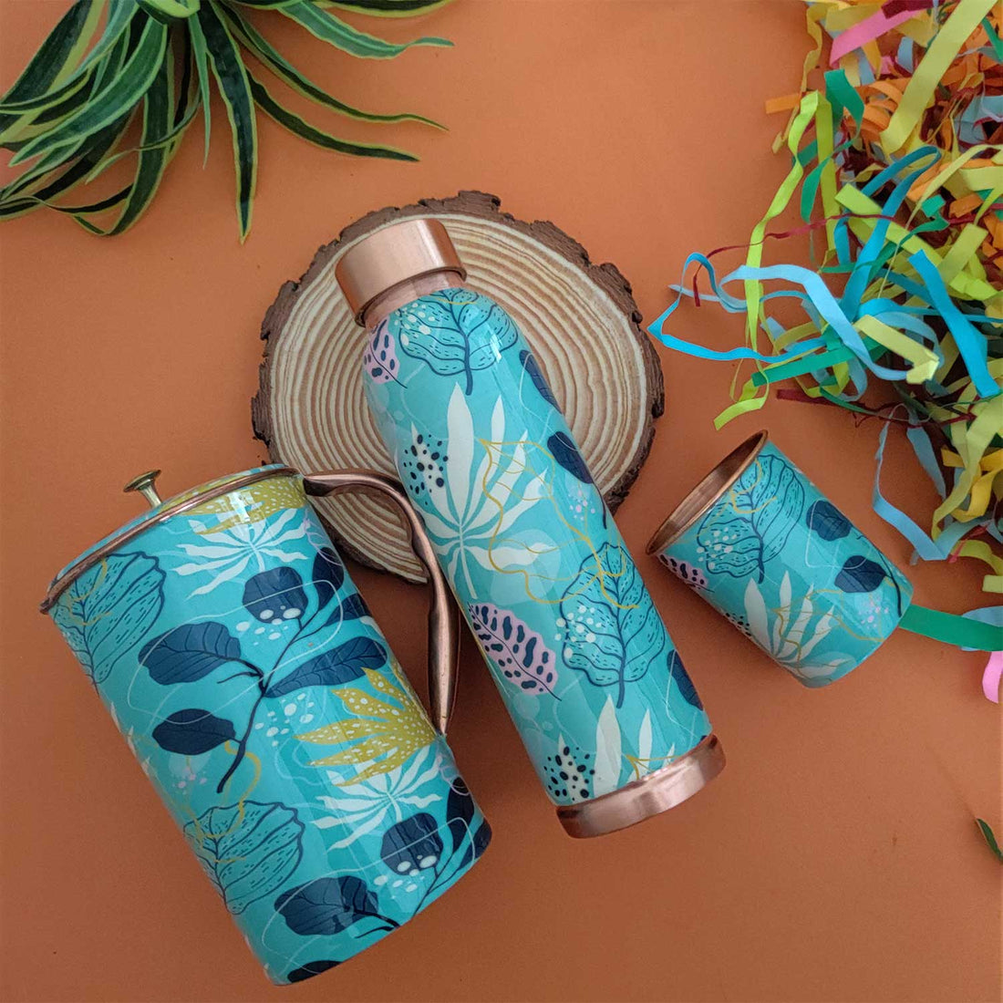 Blue Leaves 100% Pure Copper Bottle, Jug & Glass Set
