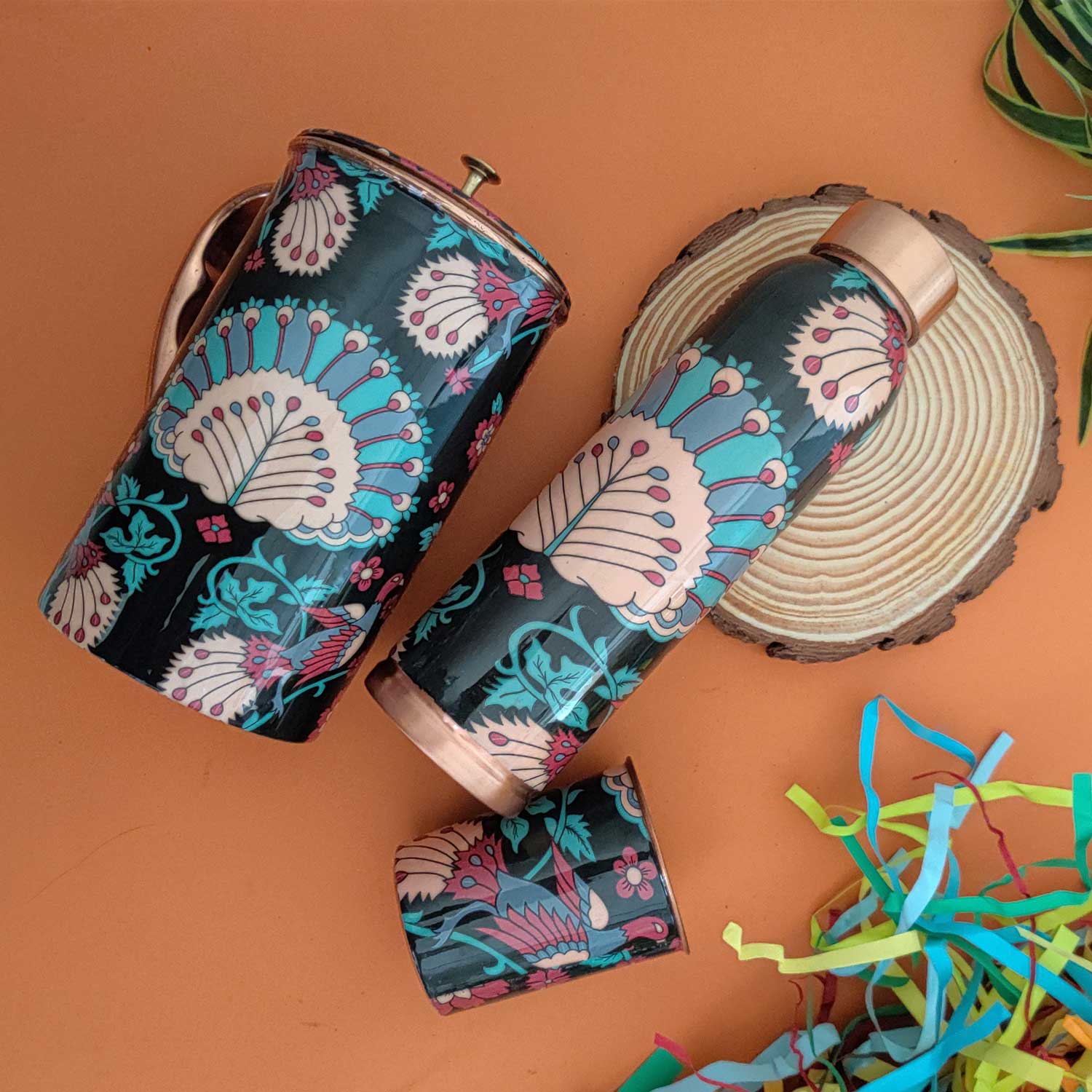 Black Peacock Multicolor 100% Pure Copper Bottle, Jug & Glass Set