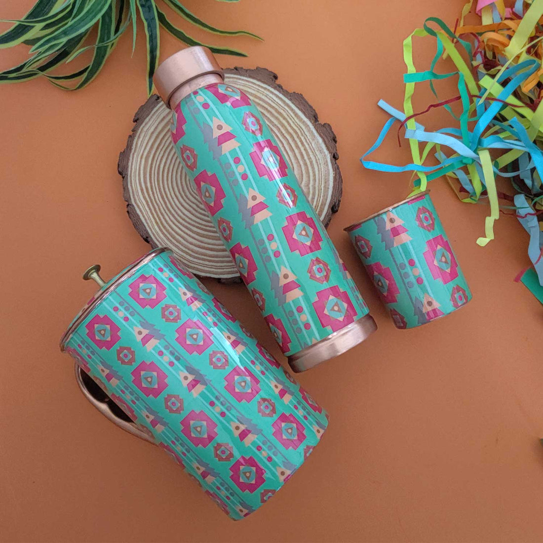 Nature Green & pink 100% Pure Copper Bottle, Jug & Glass Set
