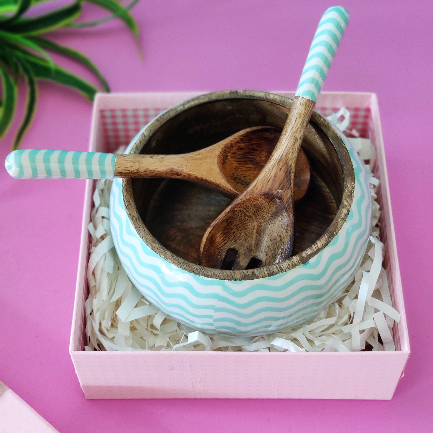 Gentle Waves Sea Green Mango Wood Salad Bowl with Server Set 500 g Gift Hamper