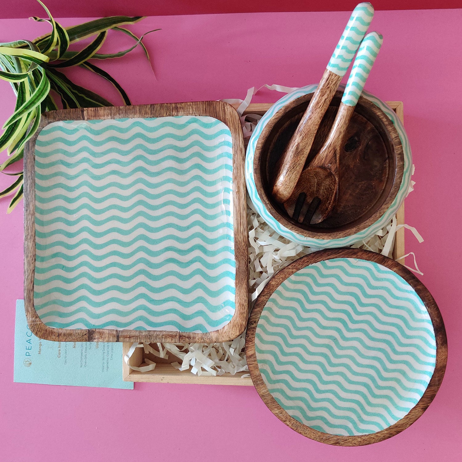 Gift Hamper of Sea Green Square Mango Wood Platter With Enamel Finish -  | Peacoy