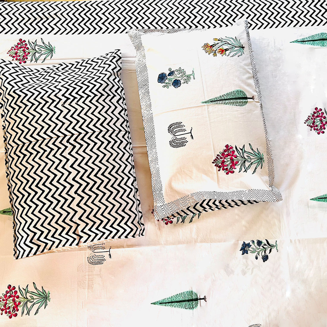 White with Black Zigzag Border Block Printed 210 Thread Count Cotton Double Bedsheet Set With 2 Pillow Covers - 108 inches x 108 inches