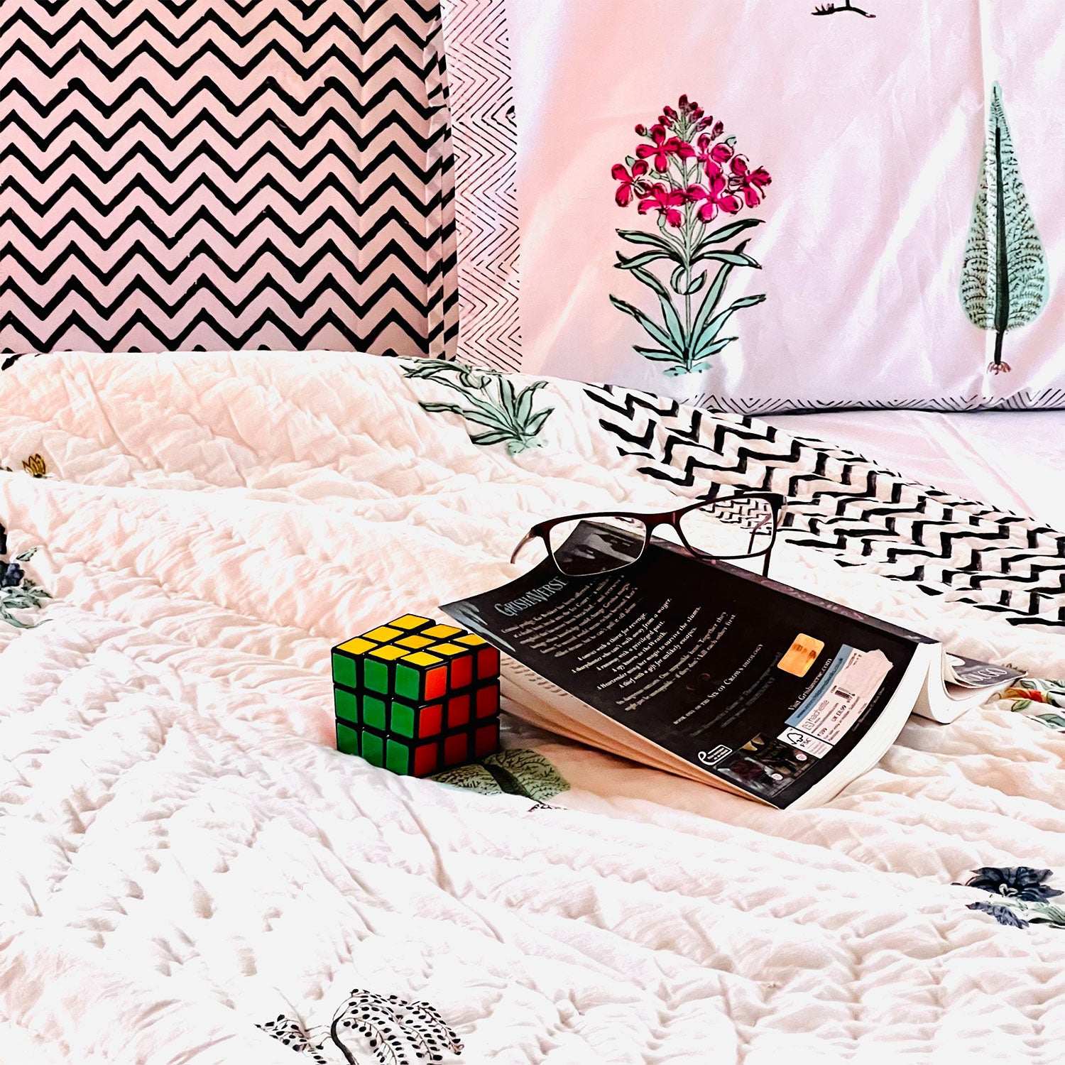 White with Black Zigzag Border Block Printed 210 Thread Count Cotton Double Bedsheet Set With 2 Pillow Covers - 108 inches x 108 inches