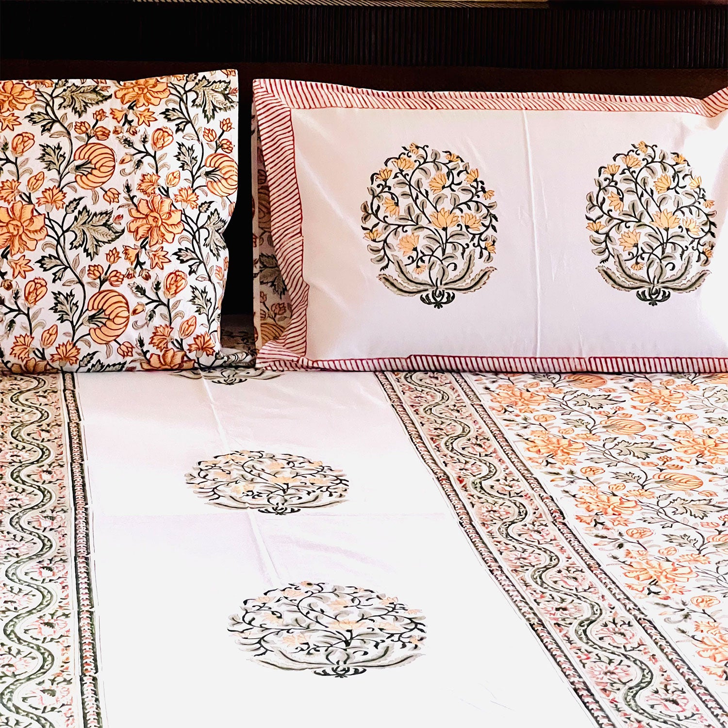 White Floral Block Printed 210 Thread Count Cotton Double Bedsheet Set With 2 Pillow Covers - 108 inches x 108 inches