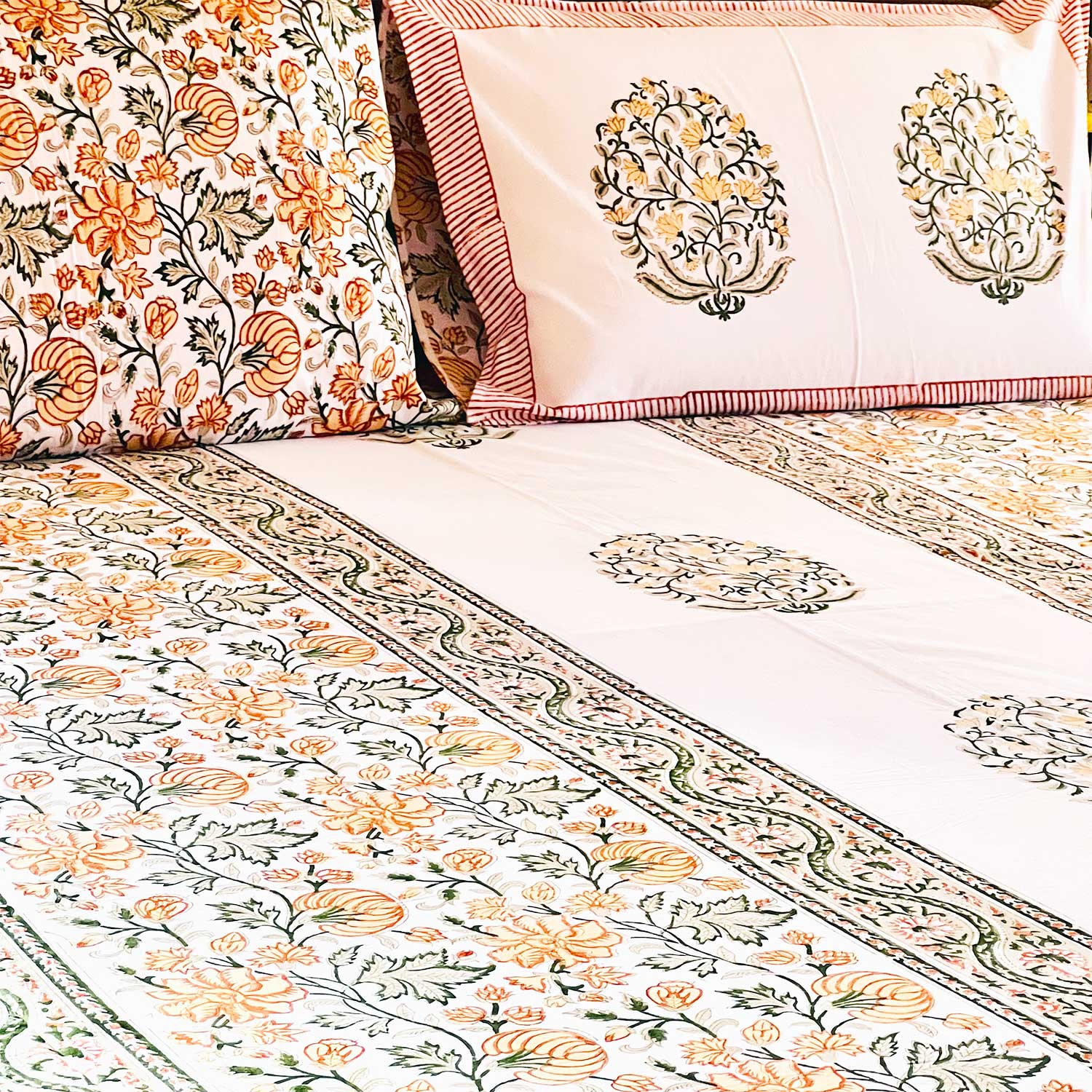 White Floral Block Printed 210 Thread Count Cotton Double Bedsheet Set With 2 Pillow Covers - 108 inches x 108 inches