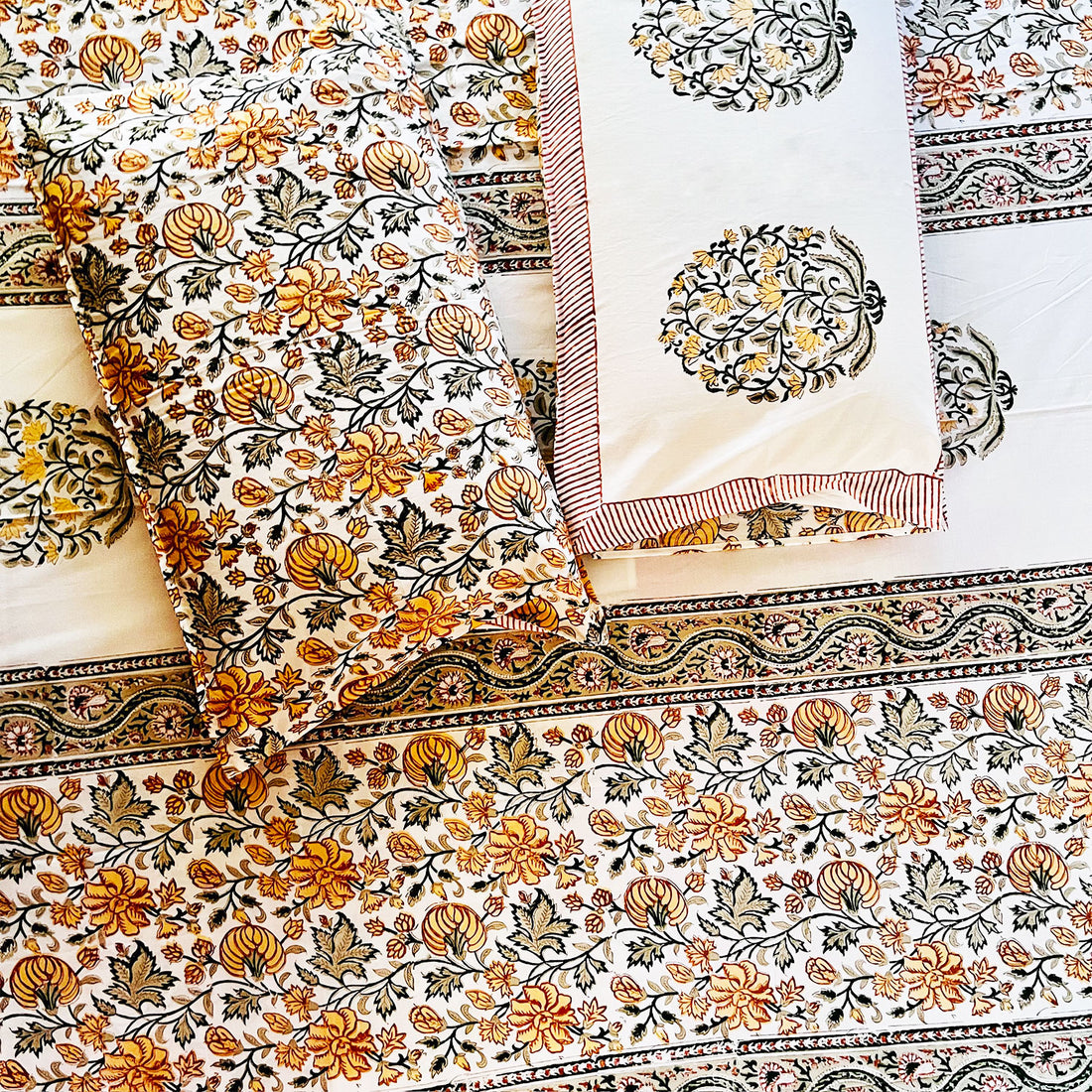 White Floral Block Printed 210 Thread Count Cotton Double Bedsheet Set With 2 Pillow Covers - 108 inches x 108 inches