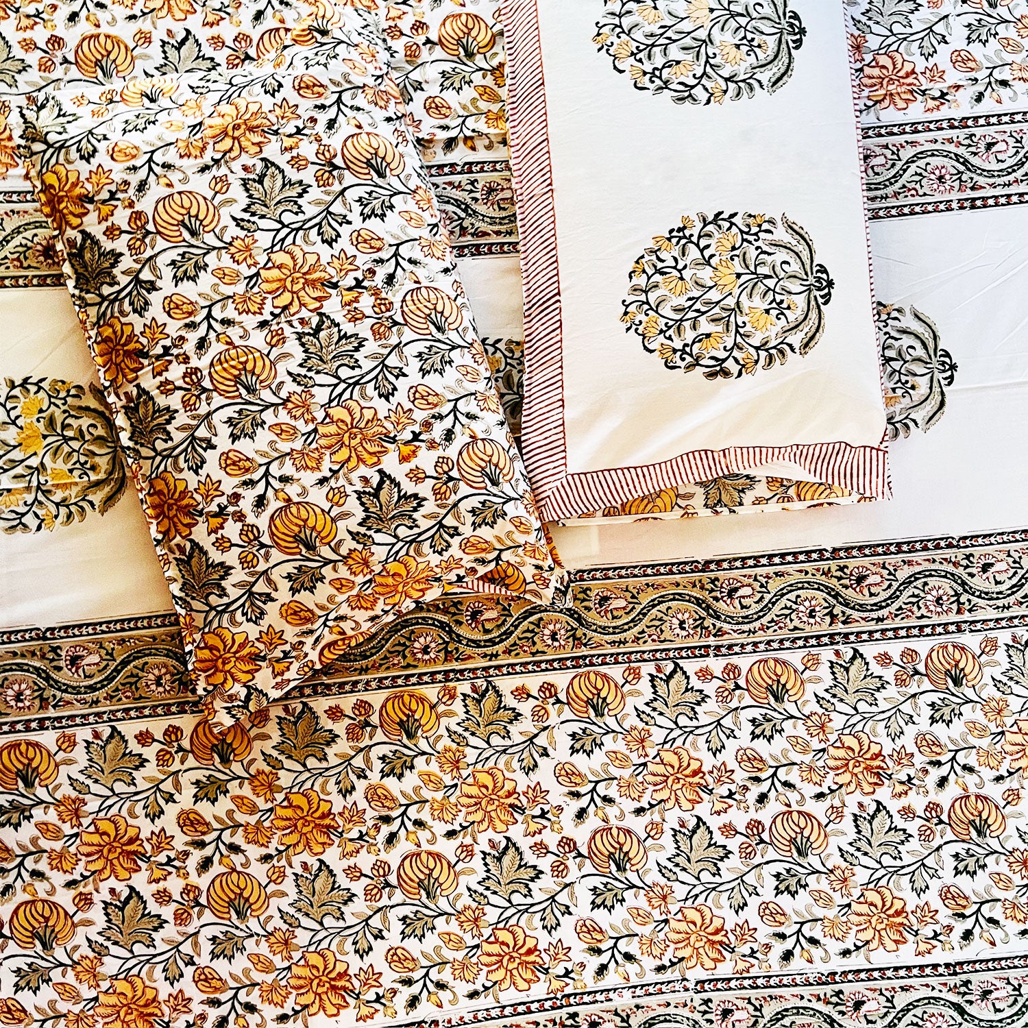 White Floral Block Printed 210 Thread Count Cotton Double Bedsheet Set With 2 Pillow Covers - 108 inches x 108 inches