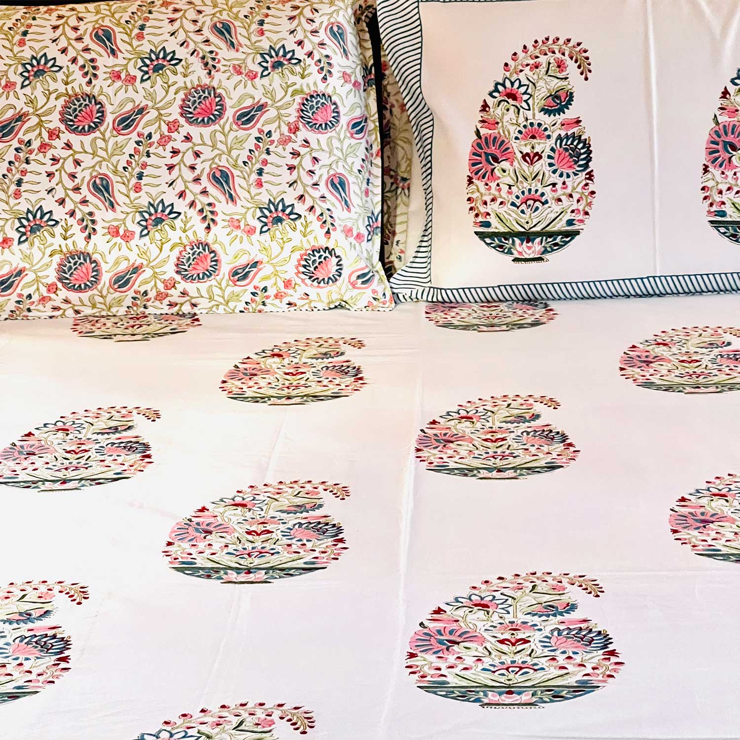 White Floral Block Printed 210 Thread Count Cotton Double Bedsheet Set With 2 Pillow Covers - 100 inches x 90 inches