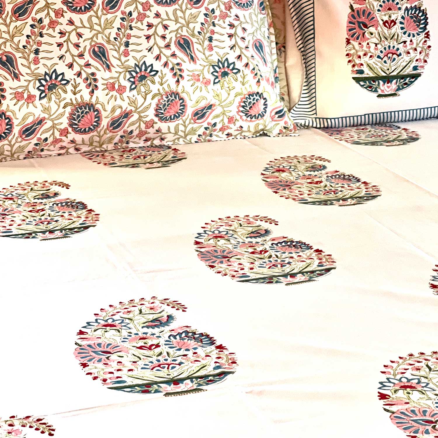 White Floral Block Printed 210 Thread Count Cotton Double Bedsheet Set With 2 Pillow Covers - 100 inches x 90 inches