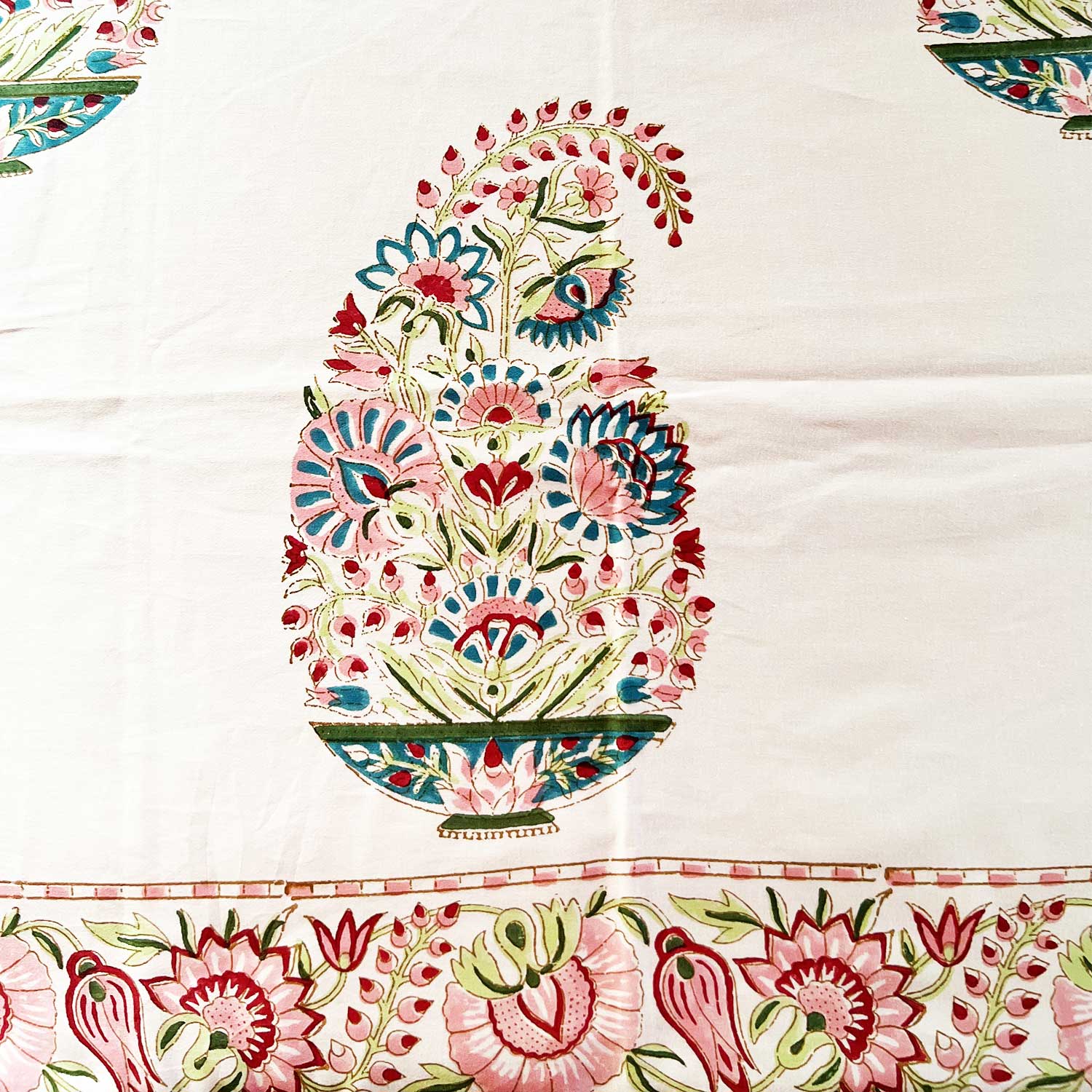 White Floral Block Printed 210 Thread Count Cotton Double Bedsheet Set With 2 Pillow Covers - 100 inches x 90 inches