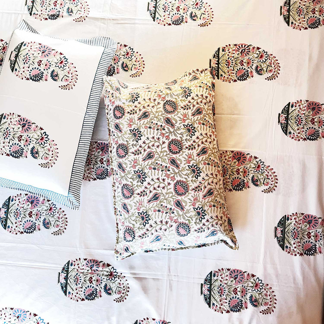 White Floral Block Printed 210 Thread Count Cotton Double Bedsheet Set With 2 Pillow Covers - 100 inches x 90 inches