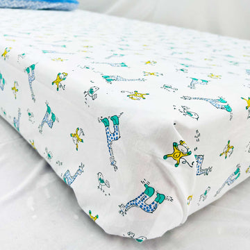 Kids White & Blue Block Printed Single Bedsheet Set With Pillow Cover - 60 inches x 90 inches