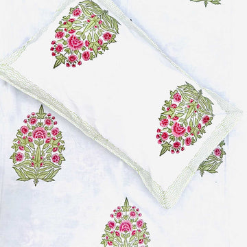 White Floral Block Printed Cotton Single Bedsheet Set With Pillow Cover - 60 inches x 90 inches
