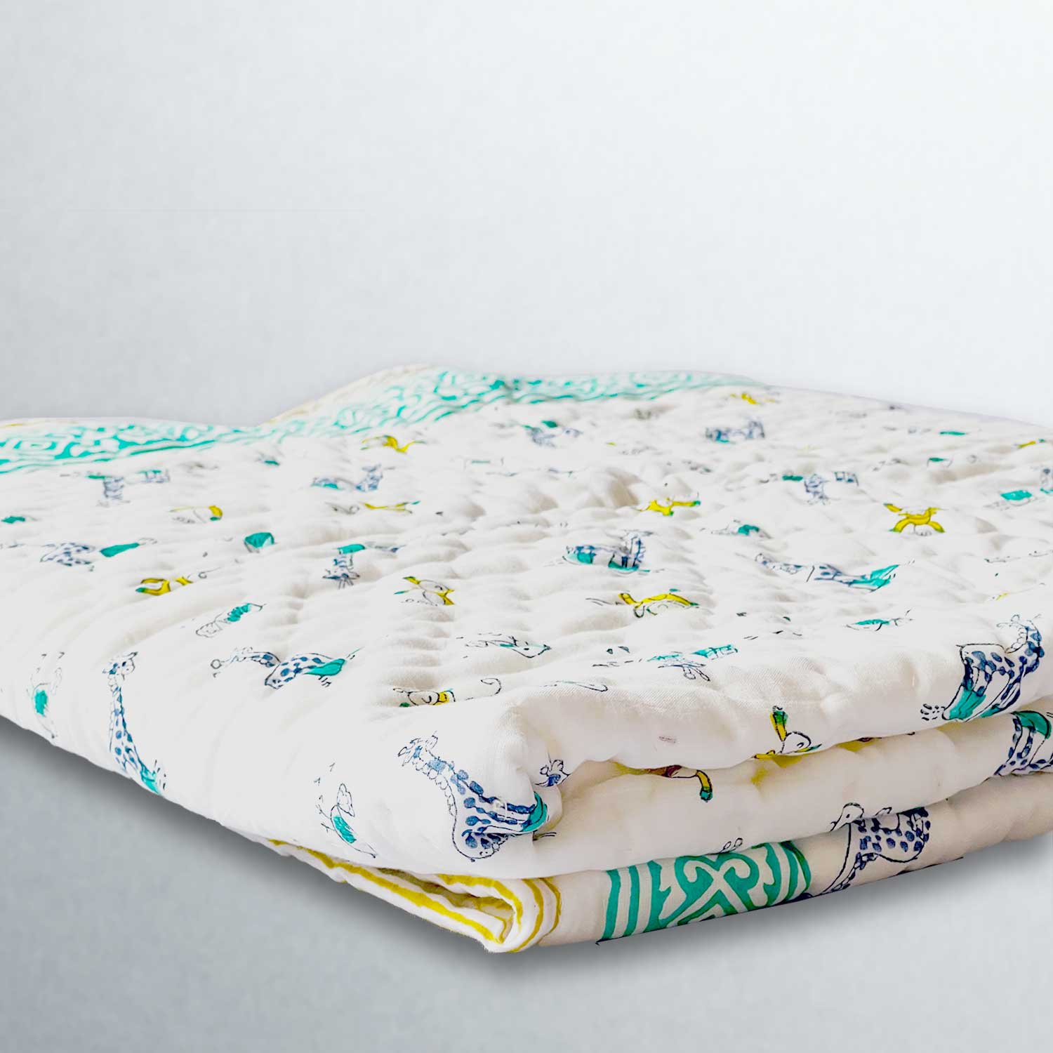 Kids Green & Yellow Soft Cotton Printed Quilt - 40 inches x 60 inches