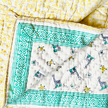 Kids Green & Yellow Soft Cotton Printed Quilt - 40 inches x 60 inches