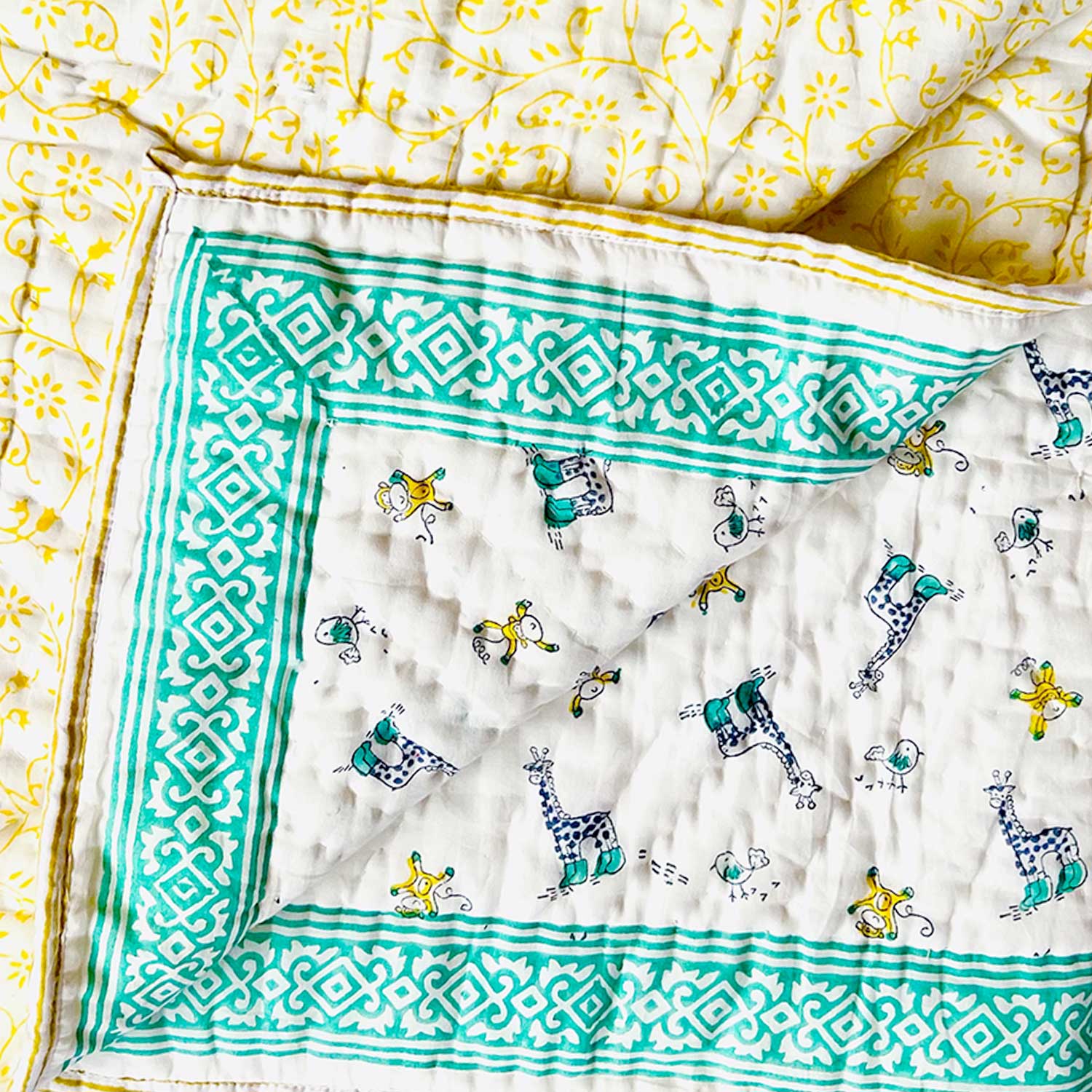 Kids Green & Yellow Soft Cotton Printed Quilt - 40 inches x 60 inches