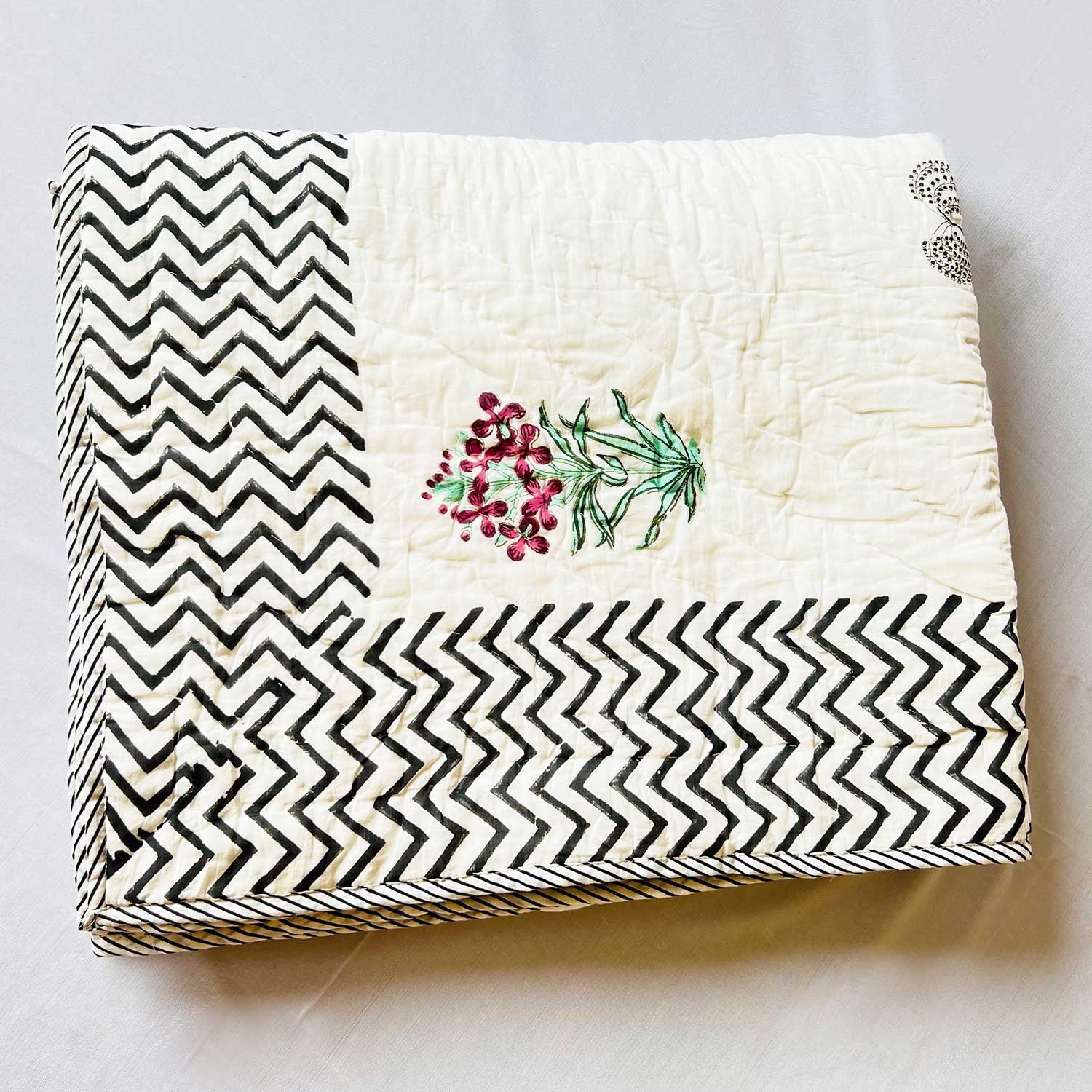 White with Black Border Soft Cotton Floral Printed Quilt - 60 inches x 90 inches