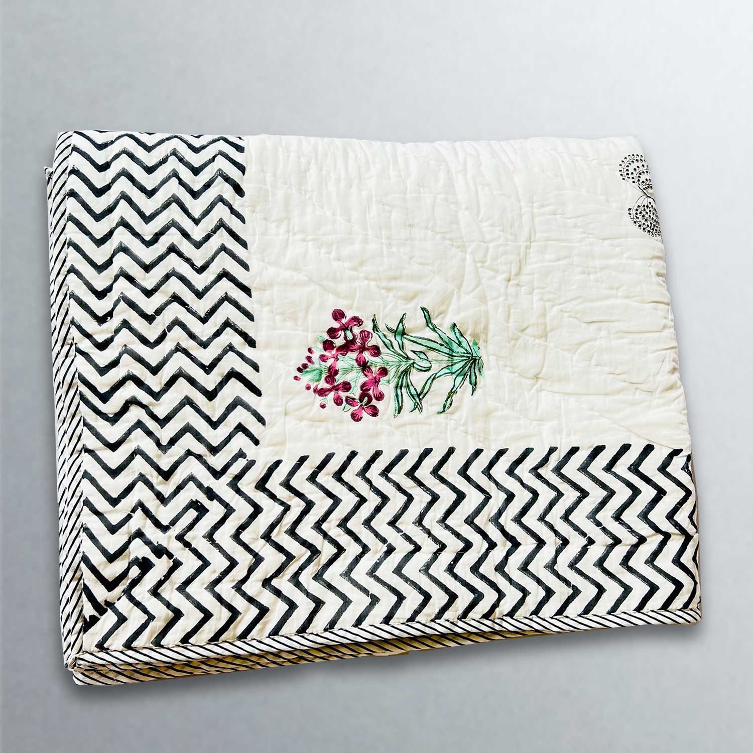 White with Black Border Soft Cotton Floral Printed Quilt - 60 inches x 90 inches