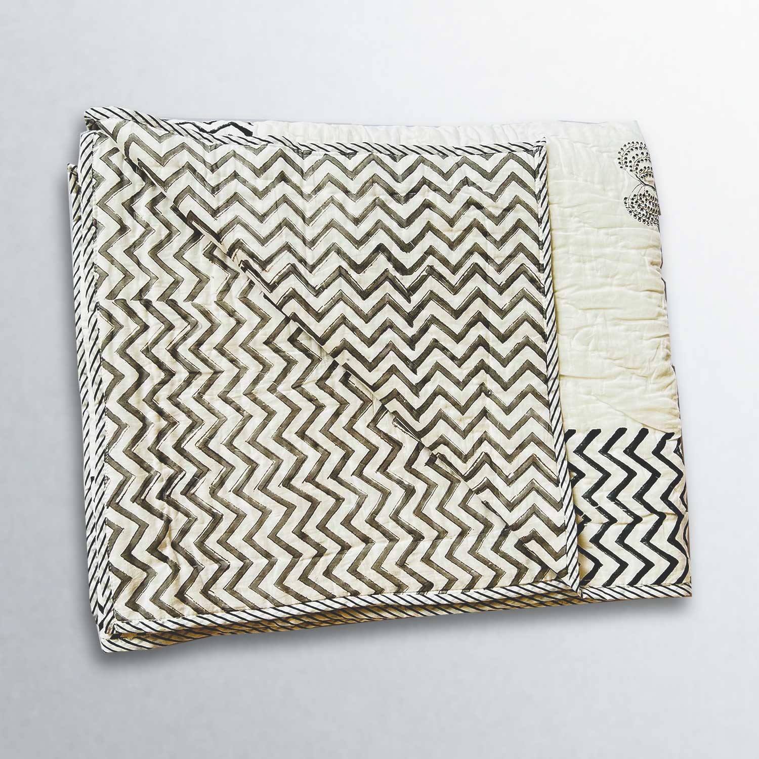 White with Black Border Soft Cotton Floral Printed Quilt - 60 inches x 90 inches