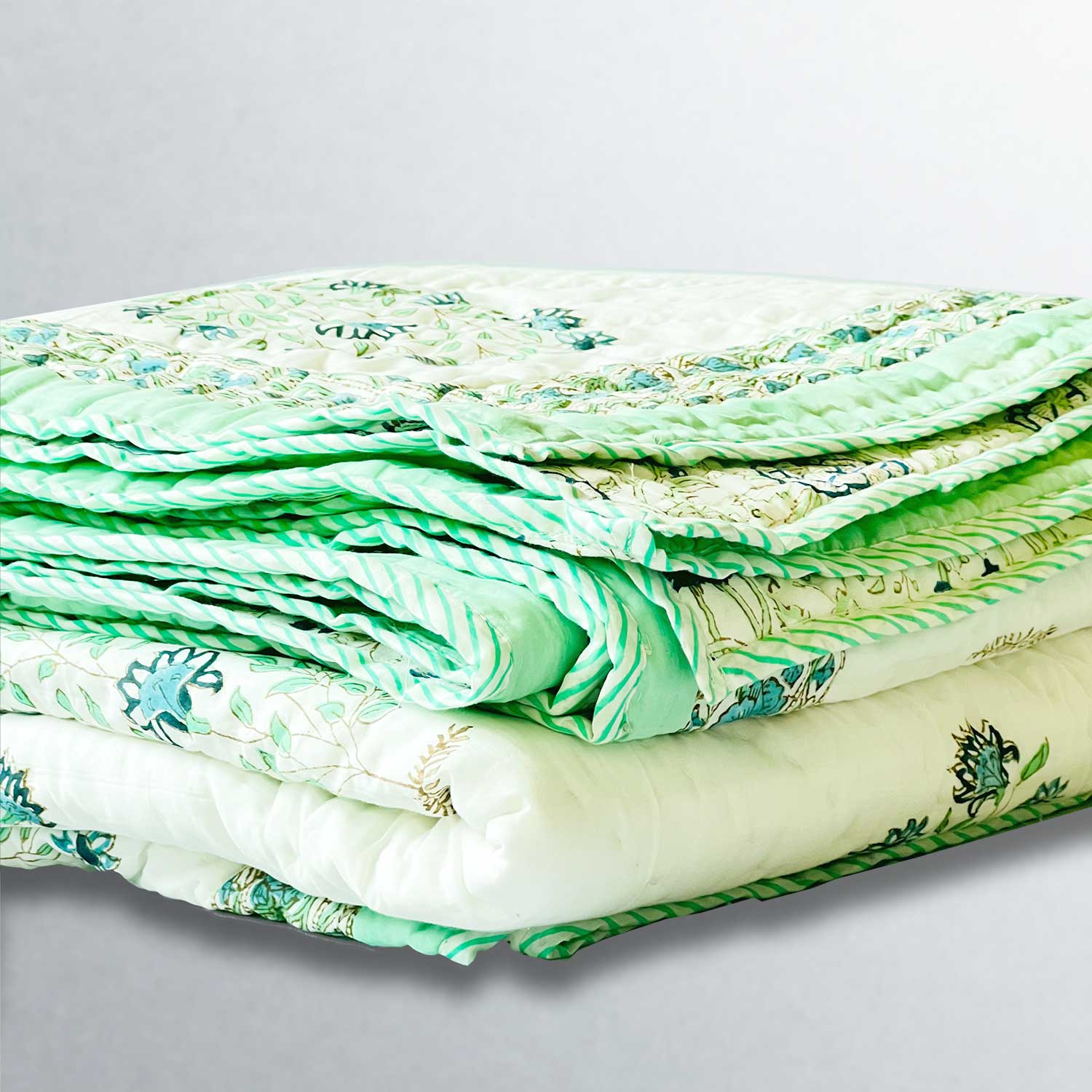 Green & White Soft Cotton Printed Quilt - 90 inches x 100 inches