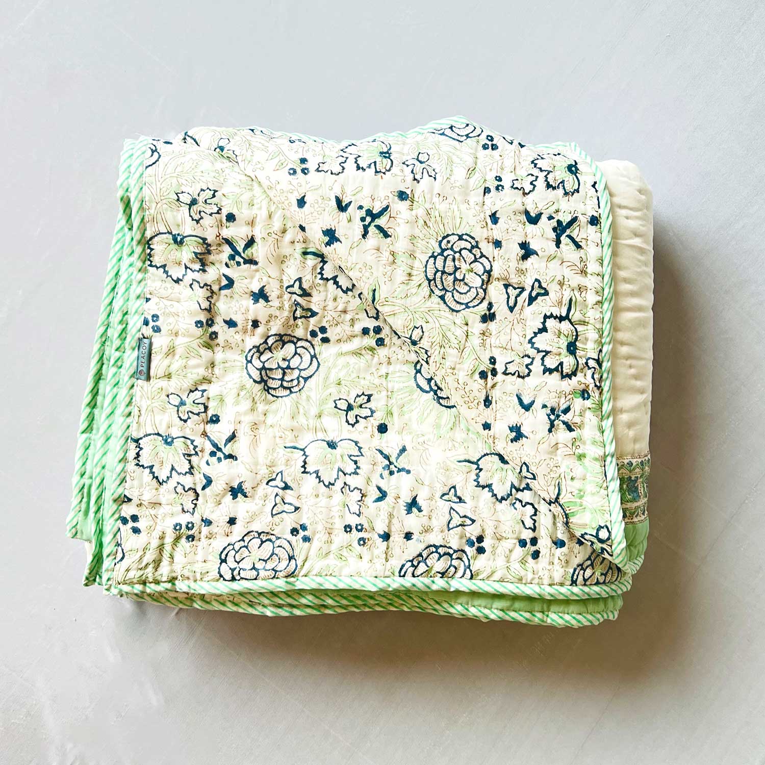 Green & White Soft Cotton Printed Quilt - 90 inches x 100 inches