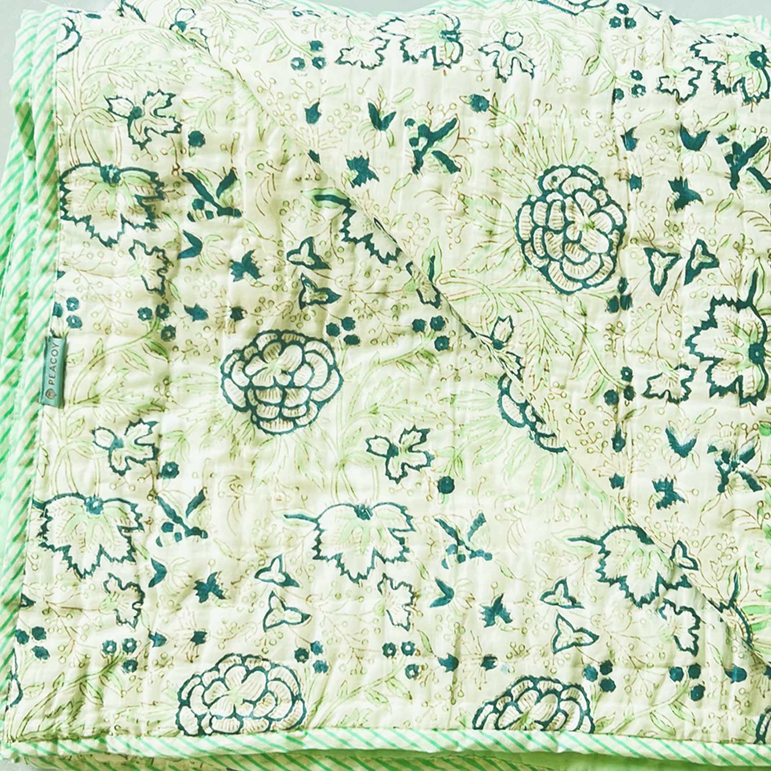 Green & White Soft Cotton Printed Quilt - 90 inches x 100 inches