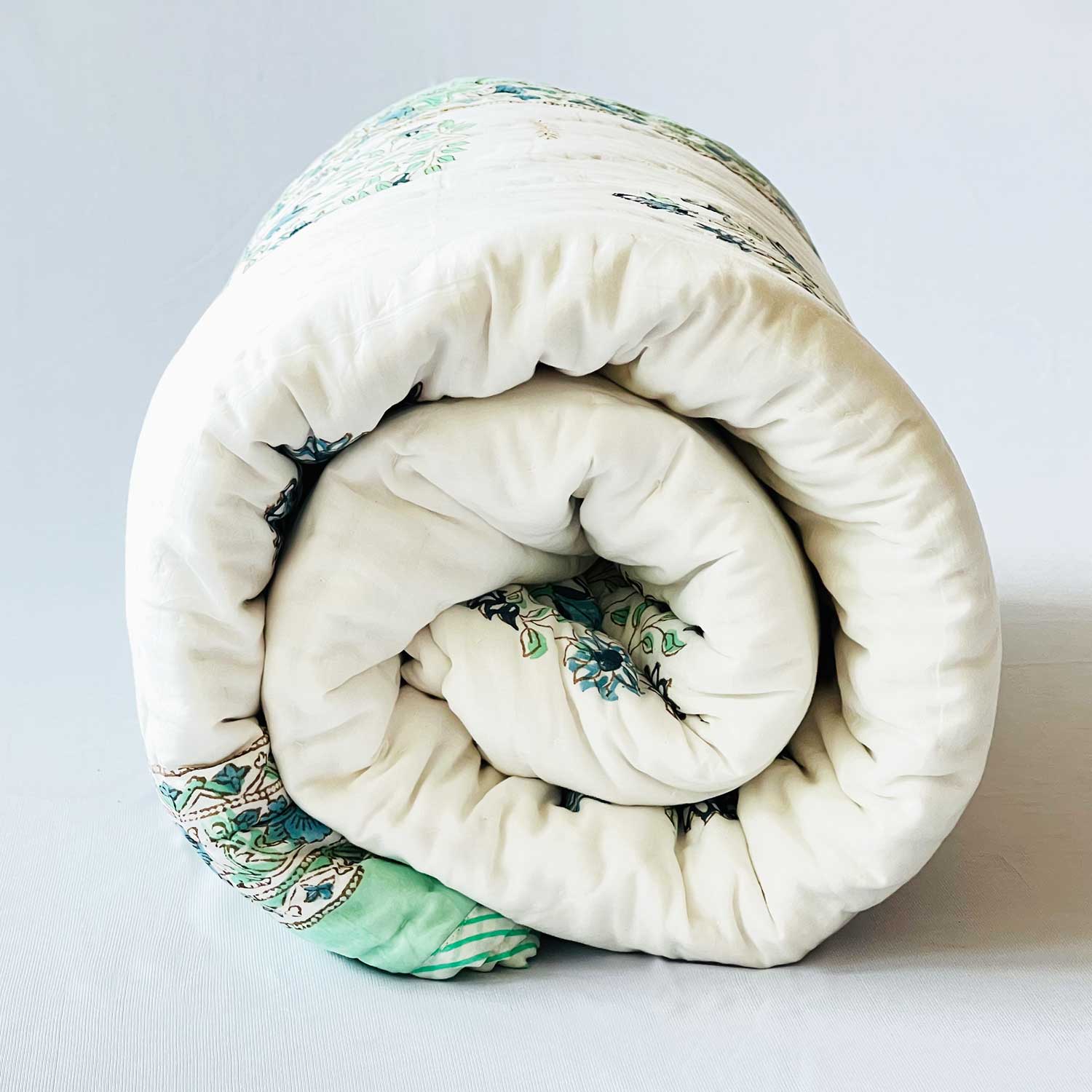 Green & White Soft Cotton Printed Quilt - 90 inches x 100 inches