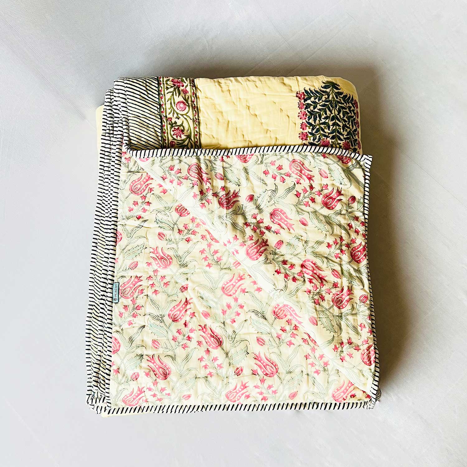 Yellow Soft Cotton Floral Printed Quilt - 90 inches x 100 inches