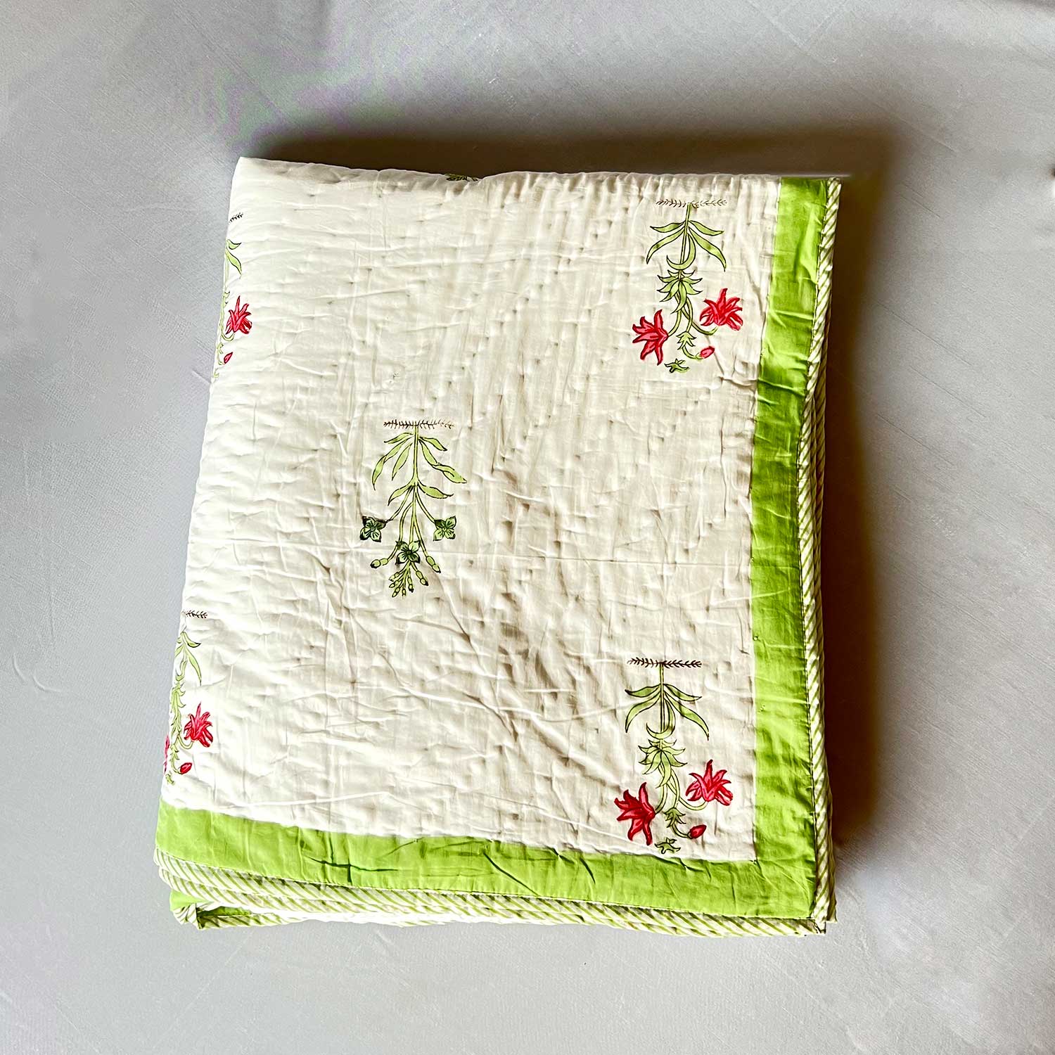 White & Green Soft Cotton Floral Printed Quilt - 90 inches x 100 inches
